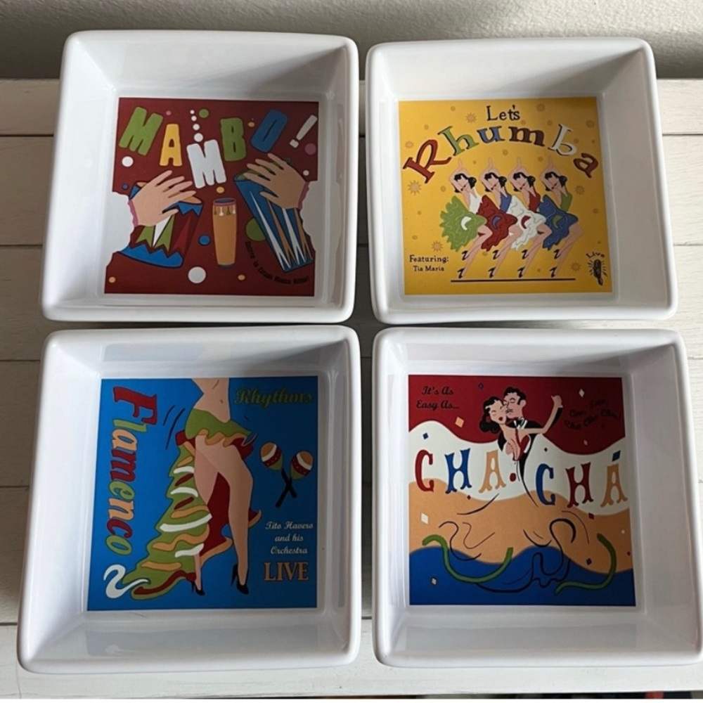 Vintage Set of 4 Latin dances Pottery Bran serving dishes Latin dances graphics.